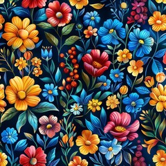 Vibrant Floral Pattern with Blue Background