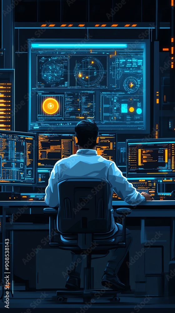 Poster Hacker in a dark room with multiple computer screens.