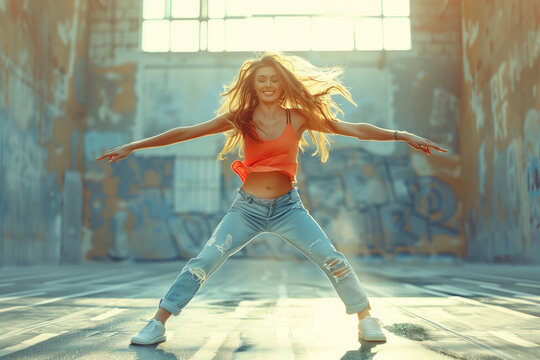 Radiant Dancer Expresses Urban Culture With Dynamic Movement in Sunlit Warehouse