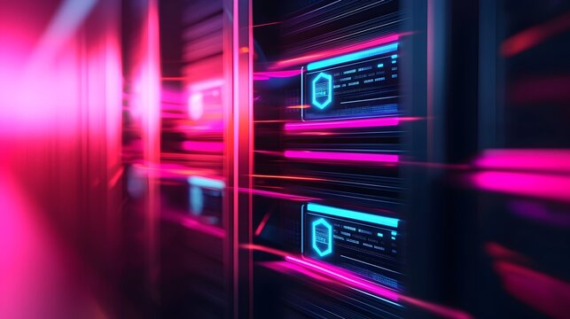 Secure Server with Holographic Security Icons in Neon-Lit Futuristic Technology Background