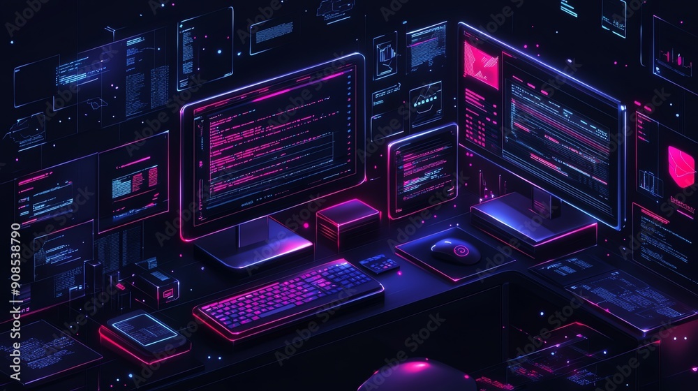 Poster futuristic hacker workstation.
