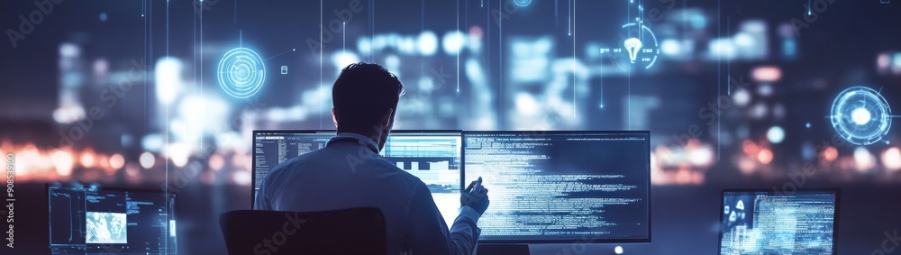 Poster digital background featuring an engineer writing code on the screen