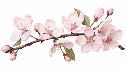 Watercolor painting of a beautiful cherry blossom branch in full bloom on a crisp white background