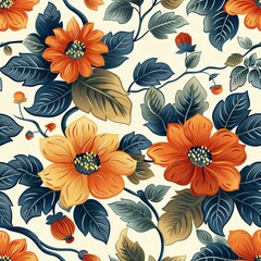 Floral Pattern with Orange and Yellow Flowers on a White Background