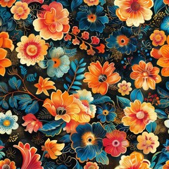 Vibrant Floral Tapestry in Blue and Orange
