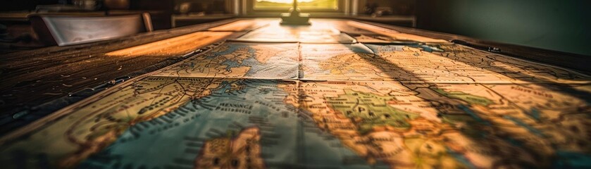 A close-up view of a vintage map illuminated by soft light, evoking a sense of adventure and exploration.