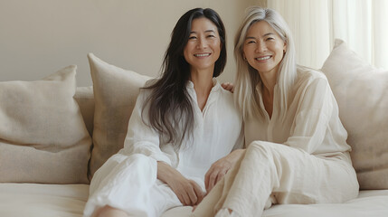A joyful couple sits together on a cozy beige sofa in a bright living room, enjoying a peaceful and relaxed moment.