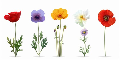 Fototapeta premium Collection of 2D and 3D Vector Flat Abstract Minimalistic Art of Flowers and Meadow Isolated on a White Background