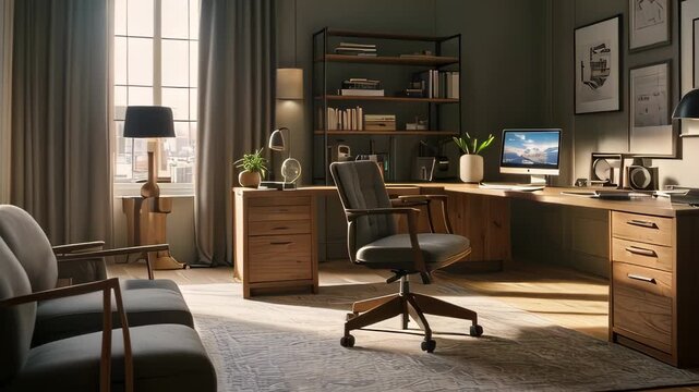 Video footage of well organized home office flooded with natural light. The room features wooden furniture, including a desk with a computer setup