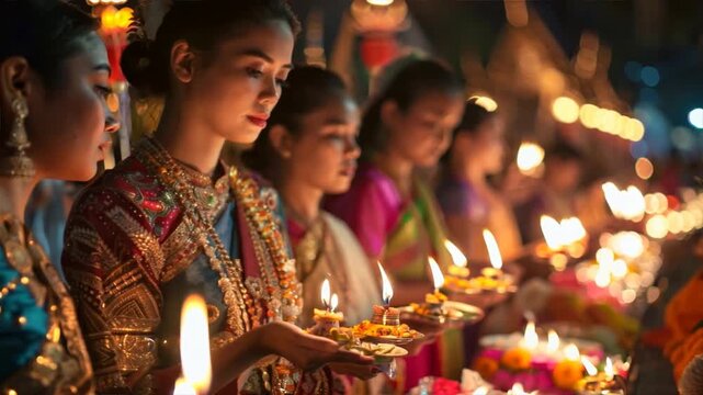 A group of women are holding candles and eating food. Scene is peaceful and celebratory