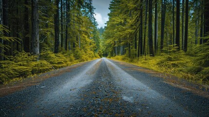Fototapeta premium A serene road through lush green forest, showcasing the beauty of nature and inviting exploration.