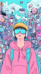 Person in Pink Hoodie Walking Through a Cityscape of Technology.