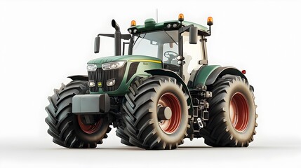 Obraz premium Powerful Green Agricultural Tractor with Machinery in Rural Farmland Field