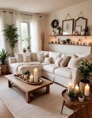 A cozy and inviting living room with a large white sofa, a wooden coffee table, and various decorative elements like candles and plants