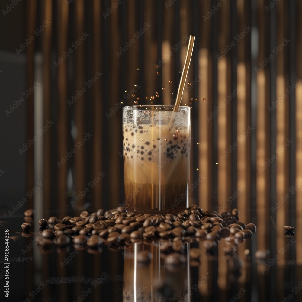 Wall mural A glass of coffee with a straw in it is sitting on a table with coffee grounds