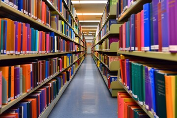 Background image of rows of bookshelves filled with colorful books in a library setting