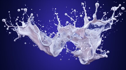 Realistic 3d milk splash illustration on a deep blue background, 3 dimensional dairy liquid design