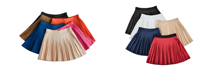 Various stylish girls' high waist pleated mini skirts isolated on transparent or white background.