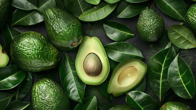 Close up of fresh avocado fruit background with leaves, top view. Photorealistic high resolution macro photography for advertising or food design.