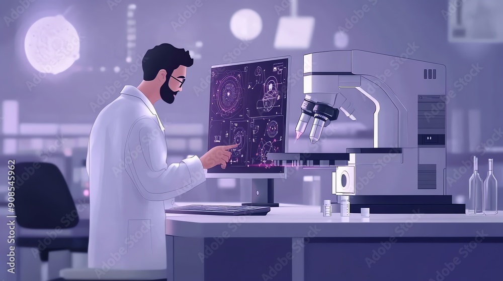 Poster Scientist Working in a Lab with a Microscope.