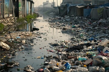 A river choked with garbage and industrial waste, showcasing the devastating effects of water pollution