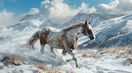 Naklejka premium Wild Horse Galloping Through Snowy Mountain Terrain