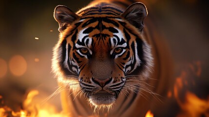 A majestic tiger with intense eyes stares directly at the camera, flames surrounding its powerful body.