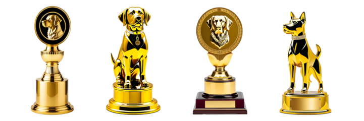Set of golden dog award trophies isolated on transparent or white background.