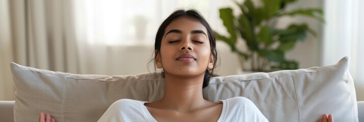 Peaceful Indian woman relaxing on sofa with closed eyes deep breathing fresh air practicing meditation for stress relief and comfort at home