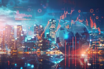A high-resolution image of a globe with financial icons and graphs overlaying it, symbolizing the global economy, with a city skyline in the background