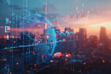 A high-resolution image of a globe with financial icons and graphs overlaying it, symbolizing the global economy, with a city skyline in the background