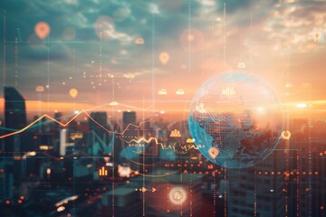 A high-resolution image of a globe with financial icons and graphs overlaying it, symbolizing the global economy, with a city skyline in the background