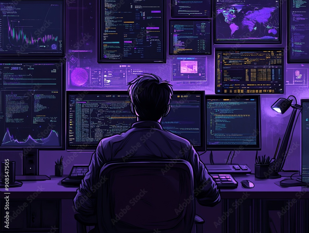 Poster Hacker working on computer in dark room.