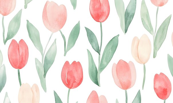 cute watercolor pattern of cute dispersed minimalistic tulips,  Generative AI