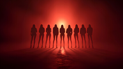Fototapeta premium Dramatic silhouettes of women standing in a line against a glowing red backdrop, creating a powerful and mysterious visual effect.