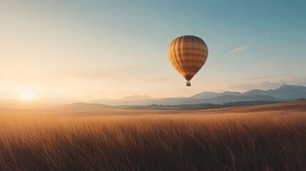 Obraz premium Magnificent Hot Air Balloon Soaring Over Serene Landscape at Sunrise