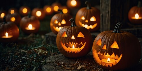Fototapeta premium Candle lit Halloween Pumpkins