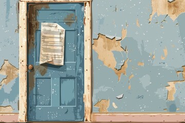 Vector image of a foreclosure notice pinned to a door, with a broken home icon and distressed elements
