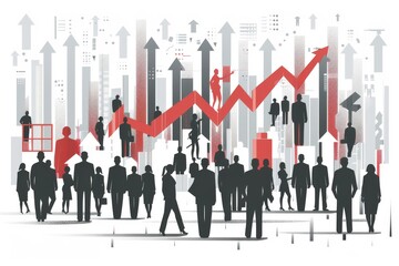 Vector infographic showing rising unemployment rates, with illustrated figures and downward-trending arrows