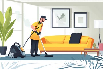 A professional cleaner in uniform using a vacuum cleaner in a modern living room