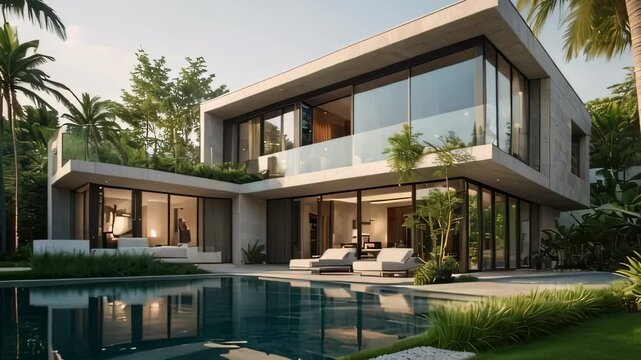 Video footage of modern two story house with large glass windows and flat roofs. The house is surrounded by lush greenery, including palm trees, and features an outdoor area with a swimming pool
