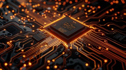 Close-up of a glowing CPU microchip on a circuit board with orange lights, showcasing modern technology and electronics.