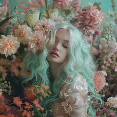 Surreal portrait of young woman with mint green hair among spring flowers