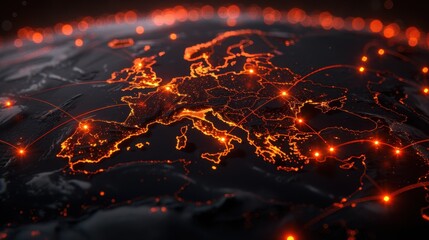 Futuristic glowing map of Europe with connected dots symbolizing digital connectivity and technological advancement.
