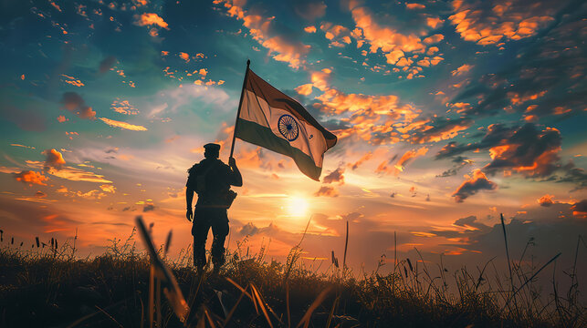 Indian Soldier Raising National Flag - A Tribute to Patriotism and Valor, Perfect for Indian Independence Day, Republic Day, and Honoring the Armed Forces
