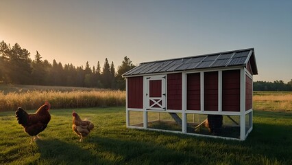 A serene scene of hens in a well-maintained and spacious coop