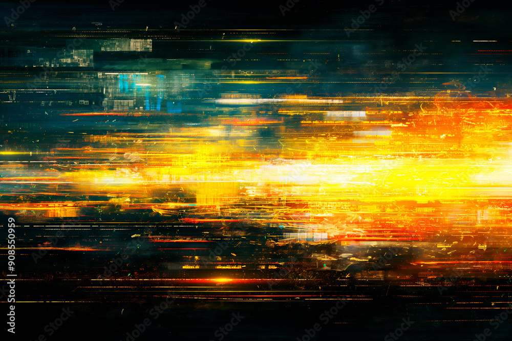 Poster Abstract digital art with streaks of black and yellow, visually dynamic on a dark background, conveying the concept of speed or data flow. Generative AI