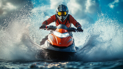 Sport man riding a jet ski in the ocean. Extreme sport competition concept