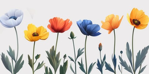 Fototapeta premium Collection of 2D and 3D Vector Flat Abstract Minimalistic Art of Flowers and Meadow Isolated on a White Background