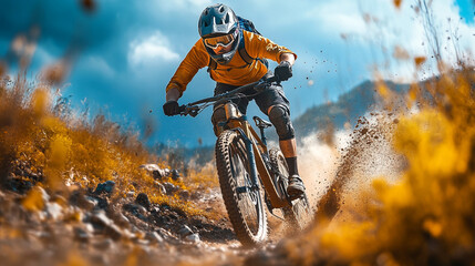 Naklejka premium Sport man riding a bike on a mountain